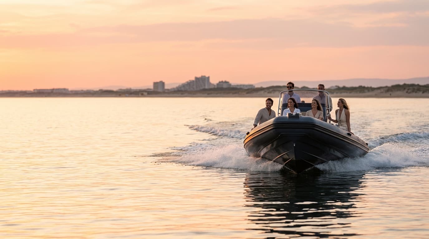 Semi-rigide Rivage au coucher de soleil devant les plages de La Grande-Motte